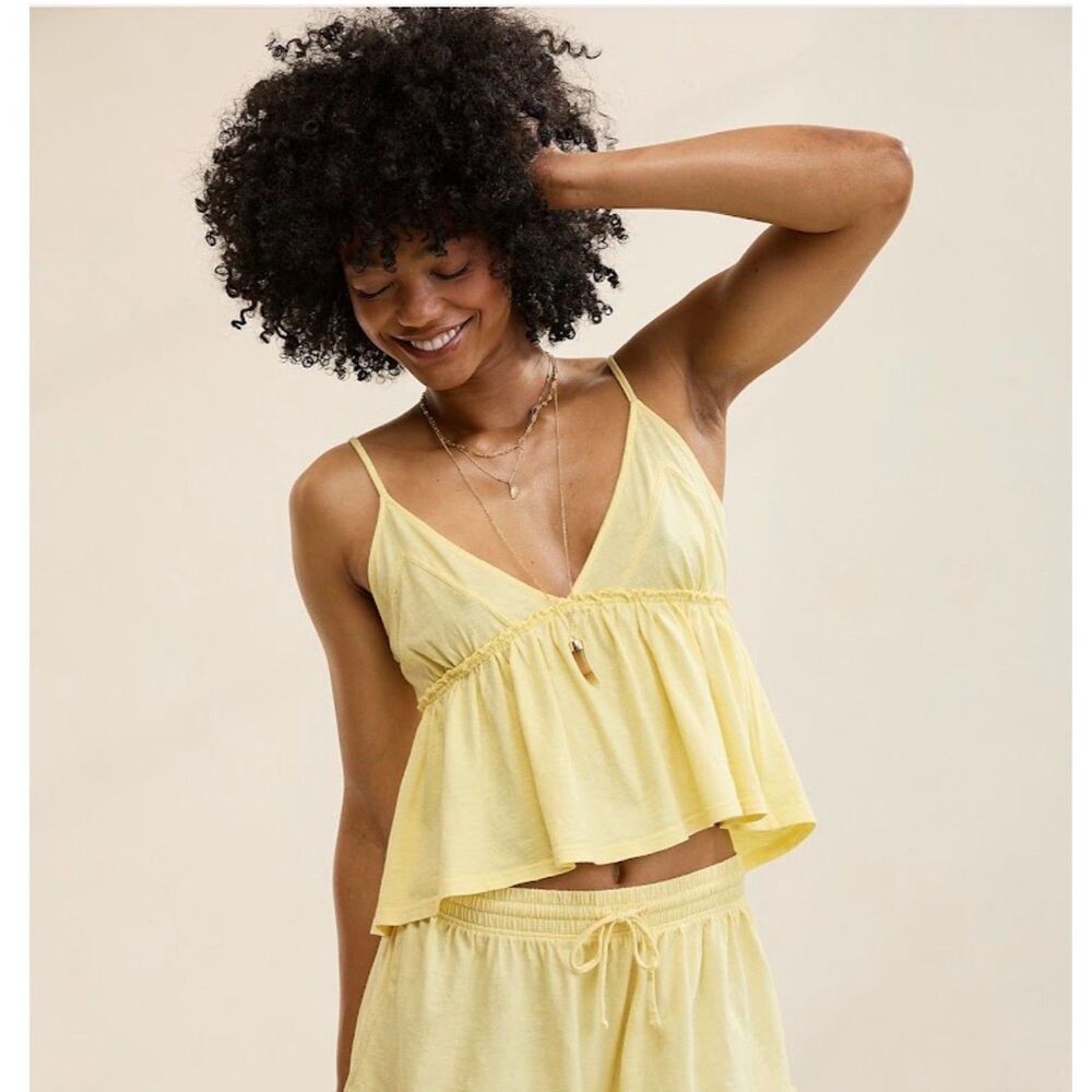 NEW Aerie American Eagle Womens shirt L Happiest Babydoll Tank Top yellow ruffle